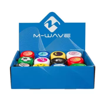 Звонок велосипедный M-Wave, комплект, в дисплей-боксе 12 штук, разных цветов и картинок, 420190