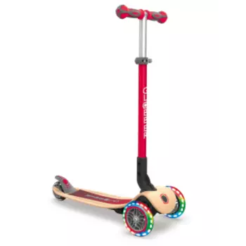 Самокат Globber PRIMO FOLDABLE WOOD LIGHTS, детский, трехколесный, складной, светящиеся колеса, красный, 436-102