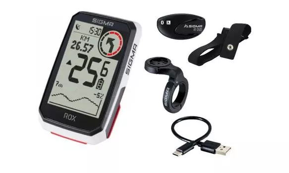 Велокомпьютер SIGMA, ROX 4.0 Sensor Set 30 функций, с датчиком пульса и каденса, GPS, BLUETOOTH, белый, 4-001065