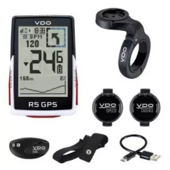 Велокомпьютер VDO R5 GPS Full Sensor Set 34 функций, беспроводной, с датчиком пульса и каденса, 4-64052