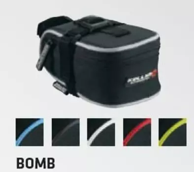 Велосумка под седло KELLYS BOMB, объем 0.4л, крепление с помощью ремешка, чёрная с голубой полоской