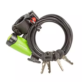 Велосипедный замок AUTHOR ASL-41, тросовый, на ключ, с креплением, 8 х 1500 мм, черно-зеленый, 8-17060155