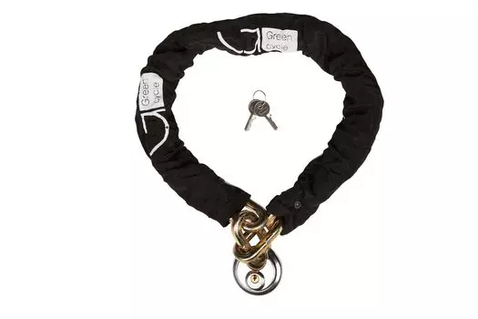 Велосипедный замок Green Cycle GLK-301, цепь, с навесным замком, на ключ, тканевая-оболочка, 12 x 100 мм, черный