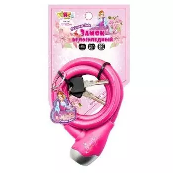 Велосипедный замок Vinca Sport детский, тросовый, на ключ, c брелоком, 12 х 1000мм, розовый, VS 560 Princess Kate