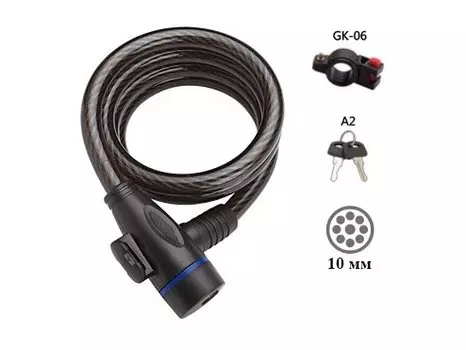 Велосипедный замокGOLDEN KEY, тросовый, 10х1800мм, с ключом и держателем, GK102.110