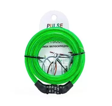 Замок противоугонный PULSE, 10 x 1500 мм, трос в пластиковой оболочке, кодовый, зеленый, УТ00019111