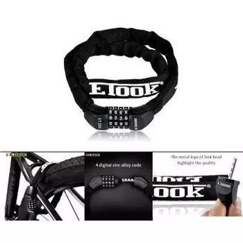 Замок велосипедный E-TOOK, стальная цепь, кодовый, 300 мм, черный, RLKET355S001