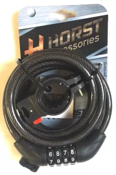 Замок велосипедный HORST, кодовый (4 разряда), 10х1800 мм, с креплением на раму, черный, 09-100191