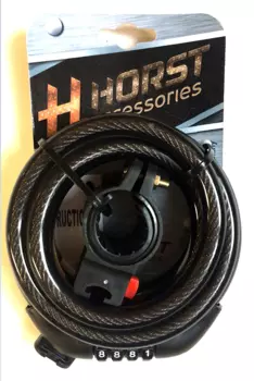 Замок велосипедный HORST, кодовый (4 разряда), 12х1500 мм, с креплением на раму, черный, 09-100192