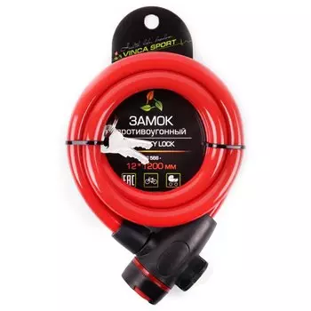 Замок велосипедный Vinca Sport, 12*1200 мм,защита замка от влаги, красный тросик, VS 588 red