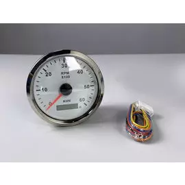 Тахометр 0-6000 об/мин со счетчиком моточасов делитель 0.5-250, белый циферблат, нержавеющий ободок, д. 85 мм, уценённый JMV00245_KY07101 utsenka1