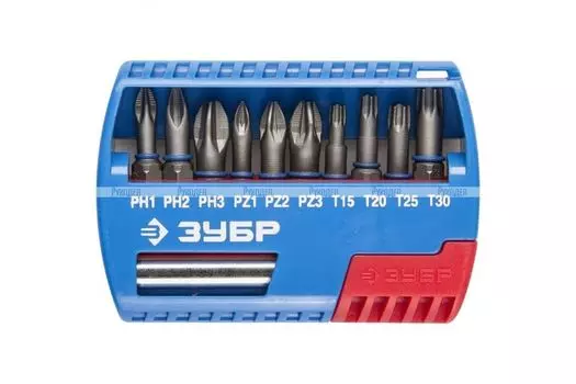 Биты Зубр 26051-H11 с магнитным адаптером, Cr-Mo, PH1, PH2, PH3, PZ1, PZ2, PZ3, TORX 15,20,25,30, 11 предметов
