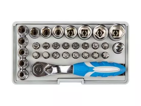 Биты Зубр ЭКСПЕРТ 26054-H31 16шт, торцов головки с мини трещоткой 12шт,адаптер для бит SQ 1/4хHex 1/4,удлинит 1/4/80мм