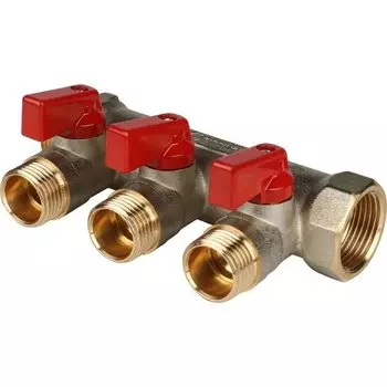 Коллектор никель с шаровым краном 3/4"х1/2"- 3 отвода, 10бар, t-95*С (красные ручки)
