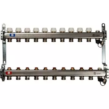 Коллекторная группа 10 выходов 1"-3/4" без расходомера (2возд. 2сл.крана.2кронш.) нерж.сталь