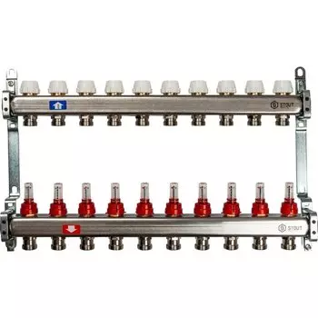 Коллекторная группа 10 выходов 1"-3/4" с расходомером (2кронш.) нерж.сталь
