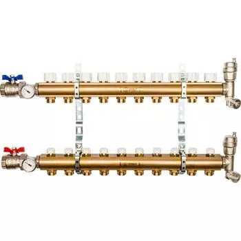 Коллекторная группа 10 выходов 1"-3/4" без расходом. (2загл. 2возд.2сл.крана.2кронш.2 шар.кр) латунь