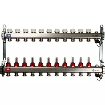 Коллекторная группа 11 выходов 1"-3/4" с расходомером (2возд. 2сл.крана.2кронш.) нерж.сталь