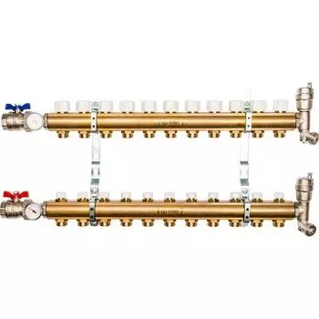 Коллекторная группа 11 выходов 1"-3/4" без расходом. (2загл. 2возд.2сл.крана.2кронш.2 шар.кр) латунь