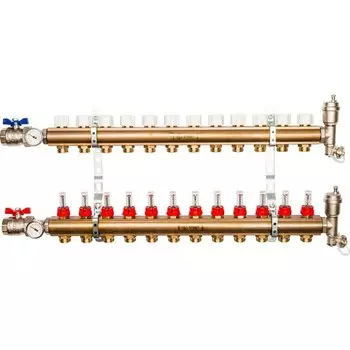 Коллекторная группа 12 выходов 1"-3/4" с расходом.(2загл. 2возд. 2сл.крана.2кронш.2 шар.кр) латунь