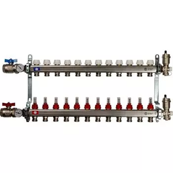 Коллекторная группа 12 выходов 1"-3/4" с расходомер. (2загл. 2возд. 2сл.крана.2кронш.2 шар.кр) нерж.