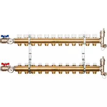 Коллекторная группа 12 выходов 1"-3/4" без расходом. (2загл. 2возд.2сл.крана.2кронш.2 шар.кр) латунь