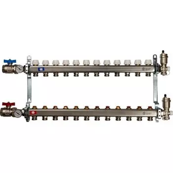 Коллекторная группа 13 выходов 1"-3/4" без расходом. (2загл. 2возд. 2сл.крана.2кронш.2 шар.кр) нерж.
