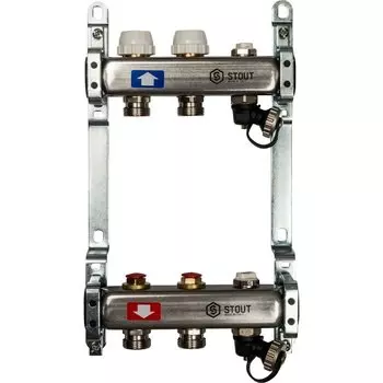 Коллекторная группа 2 выхода 1"-3/4" без расходомера (2возд. 2сл.крана.2кронш.) нерж.сталь