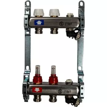 Коллекторная группа 2 выхода 1"-3/4" с расходомером (2возд. 2сл.крана.2кронш.) нерж.сталь