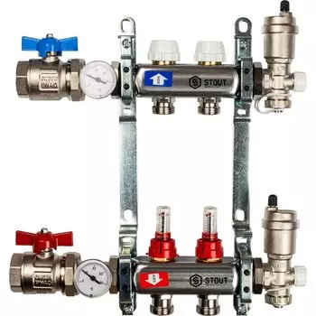 Коллекторная группа 2 выхода 1"-3/4" с расходомером (2загл. 2возд. 2сл.крана.2кронш.2 шар.кр) нерж