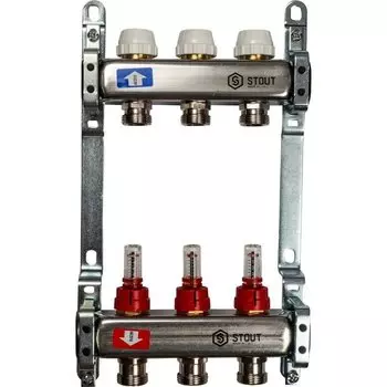 Коллекторная группа 3 выхода 1"-3/4" с расходомером (2кронш.) нерж.сталь