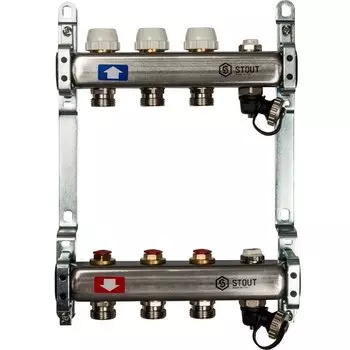 Коллекторная группа 3 выхода 1"-3/4" без расходомера (2возд. 2сл.крана.2кронш.) нерж.сталь