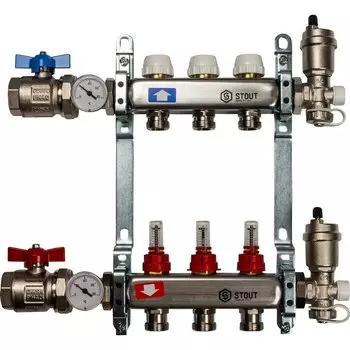 Коллекторная группа 3 выхода 1"-3/4" с расходомером (2загл. 2возд. 2сл.крана.2кронш.2 шар.кр) нерж