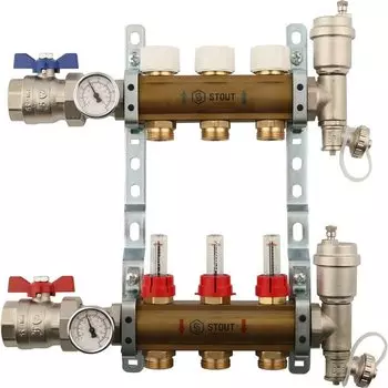Коллекторная группа 3 выхода 1"-3/4" с расходом. (2загл. 2возд. 2сл.крана.2кронш.2 шар.кр) латунь