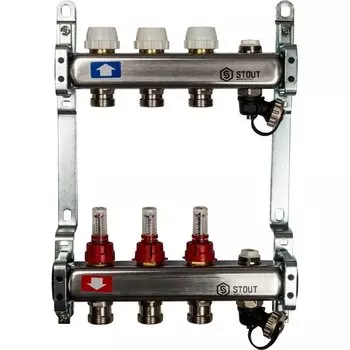 Коллекторная группа 3 выхода 1"-3/4" с расходомером (2возд. 2сл.крана.2кронш.) нерж.сталь
