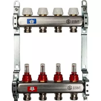 Коллекторная группа 4 выхода 1"-3/4" с расходомером (2кронш.) нерж.сталь