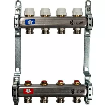Коллекторная группа 4 выхода 1"-3/4" без расходомера (2кронш.) нерж.сталь