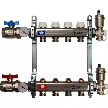 Коллекторная группа 4 выхода 1"-3/4" без расходом. (2загл. 2возд. 2сл.крана.2кронш.2 шар.кр) нерж.