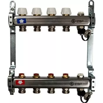 Коллекторная группа 4 выхода 1"-3/4" без расходомера (2возд. 2сл.крана.2кронш.) нерж.сталь