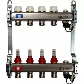 Коллекторная группа 4 выхода 1"-3/4" с расходомером (2возд. 2сл.крана.2кронш.) нерж.сталь