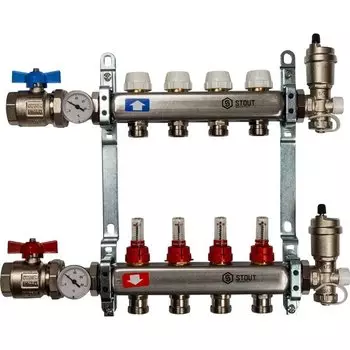Коллекторная группа 4 выхода 1"-3/4" с расходомером (2загл. 2возд. 2сл.крана.2кронш.2 шар.кр) нерж