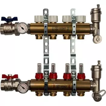 Коллекторная группа 4 выхода 1"-3/4" с расходом. (2загл. 2возд. 2сл.крана.2кронш.2 шар.кр) латунь