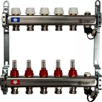 Коллекторная группа 5 выходов 1"-3/4" с расходомером (2возд. 2сл.крана.2кронш.) нерж.сталь