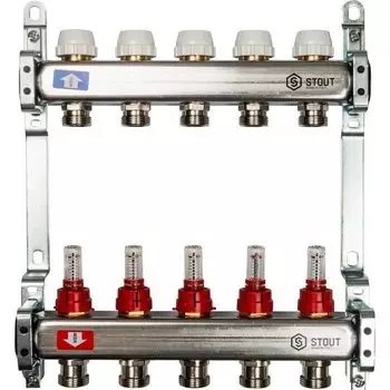 Коллекторная группа 5 выходов 1"-3/4" с расходомером (2кронш.) нерж.сталь