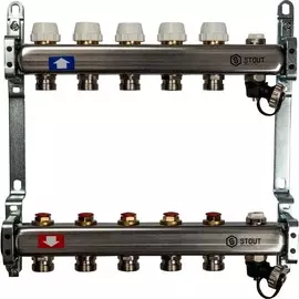 Коллекторная группа 5 выходов 1"-3/4" без расходомера (2возд, 2сл.крана,2кронш.) нерж.сталь