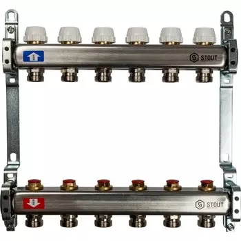 Коллекторная группа 6 выходов 1"-3/4" без расходомера (2кронш.) нерж.сталь