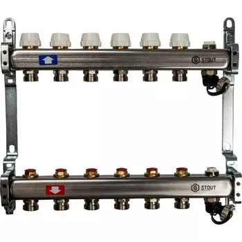 Коллекторная группа 6 выходов 1"-3/4" без расходомера (2возд. 2сл.крана.2кронш.) нерж.сталь