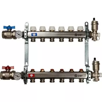 Коллекторная группа 6 выходов 1"-3/4" без расходом. (2загл. 2возд. 2сл.крана.2кронш.2 шар.кр) нерж.