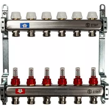 Коллекторная группа 6 выходов 1"-3/4" с расходомером (2кронш.) нерж.сталь