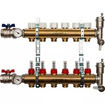 Коллекторная группа 6 выходов 1"-3/4" с расходом. (2загл. 2возд. 2сл.крана.2кронш.2 шар.кр) латунь